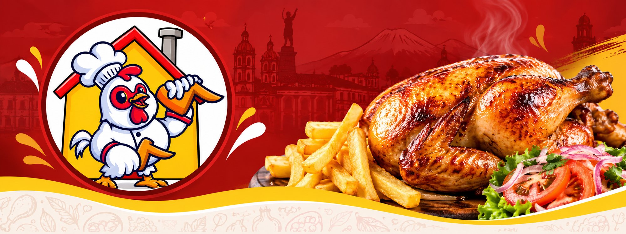 Don Chimy Restaurante — pollo asado, papas y ensalada, con la silueta de Ambato de fondo
